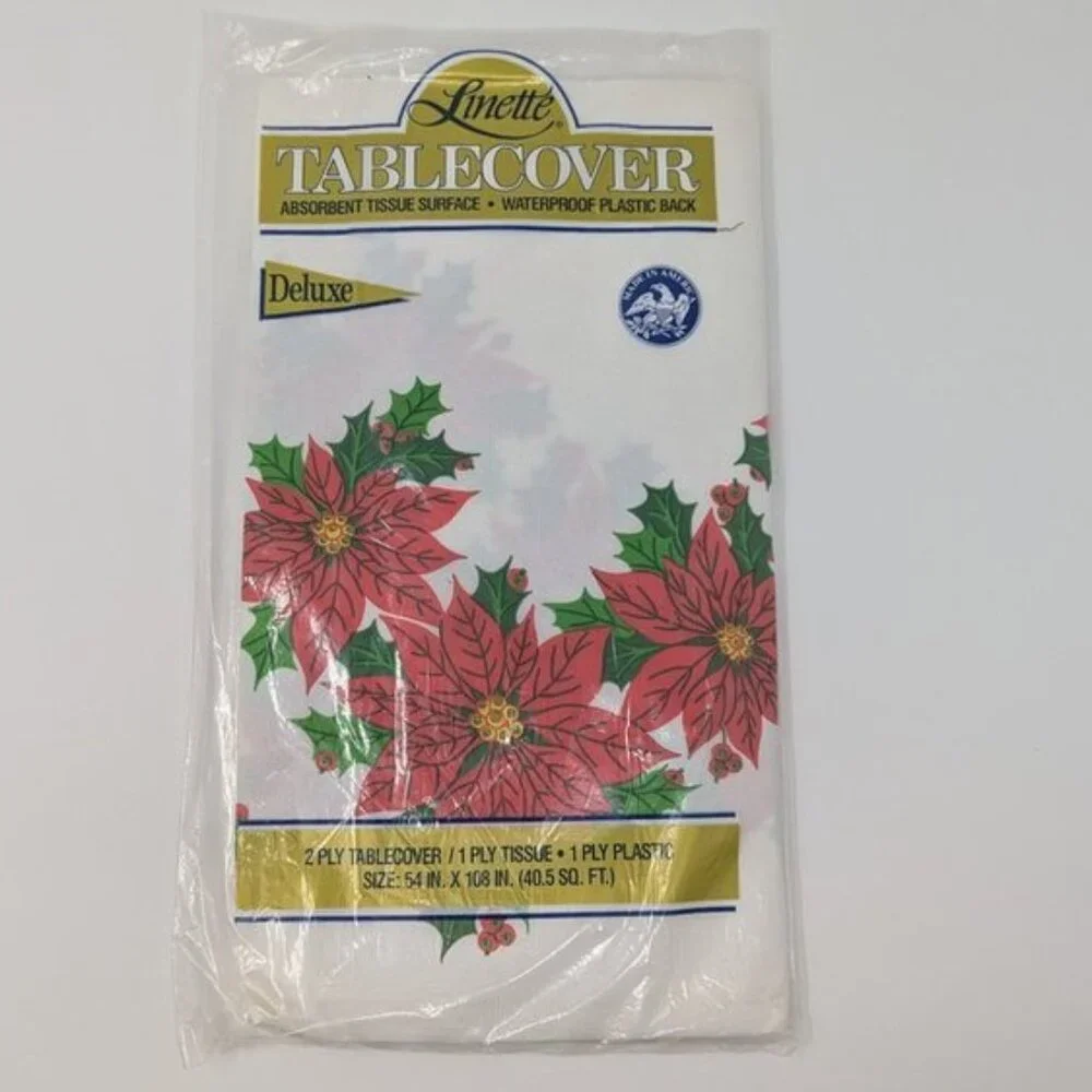 NEW Linette Waterproof Plastic Absorbent Tissue Surface Poinsettia Tablecloth